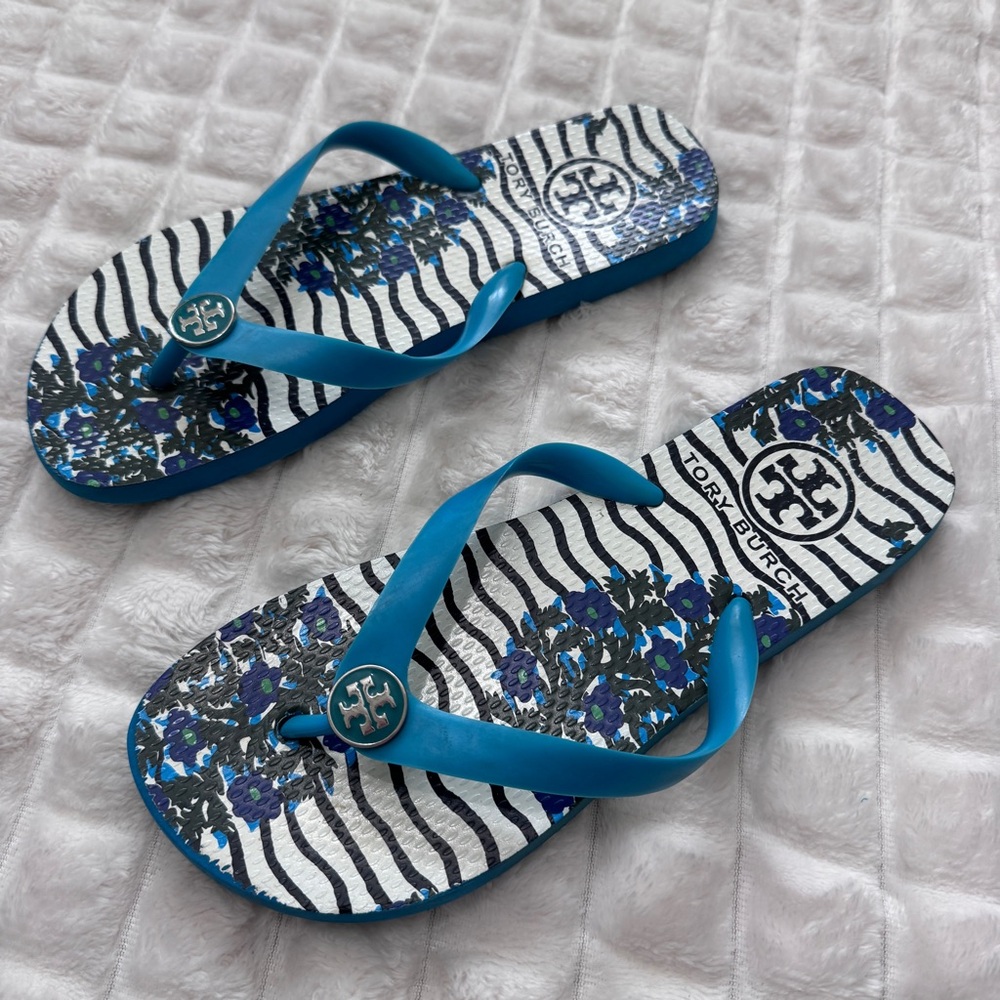 Tory Burch Large Blue Floral Zebra Print Thong Flip Flops